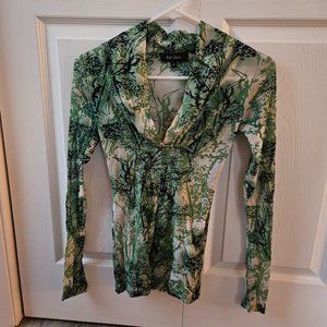 Karen Kane Long Sleeve Top V-Neck Mesh Nylon Tree Stretch Sheer Green Small